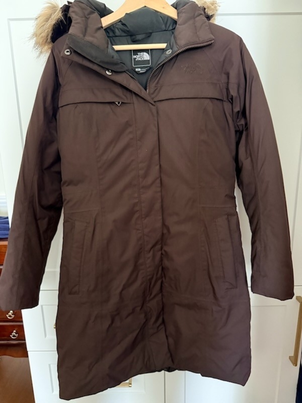 The North Face Women's Brown Longline Puffer Coat with Faux-Fur Trim